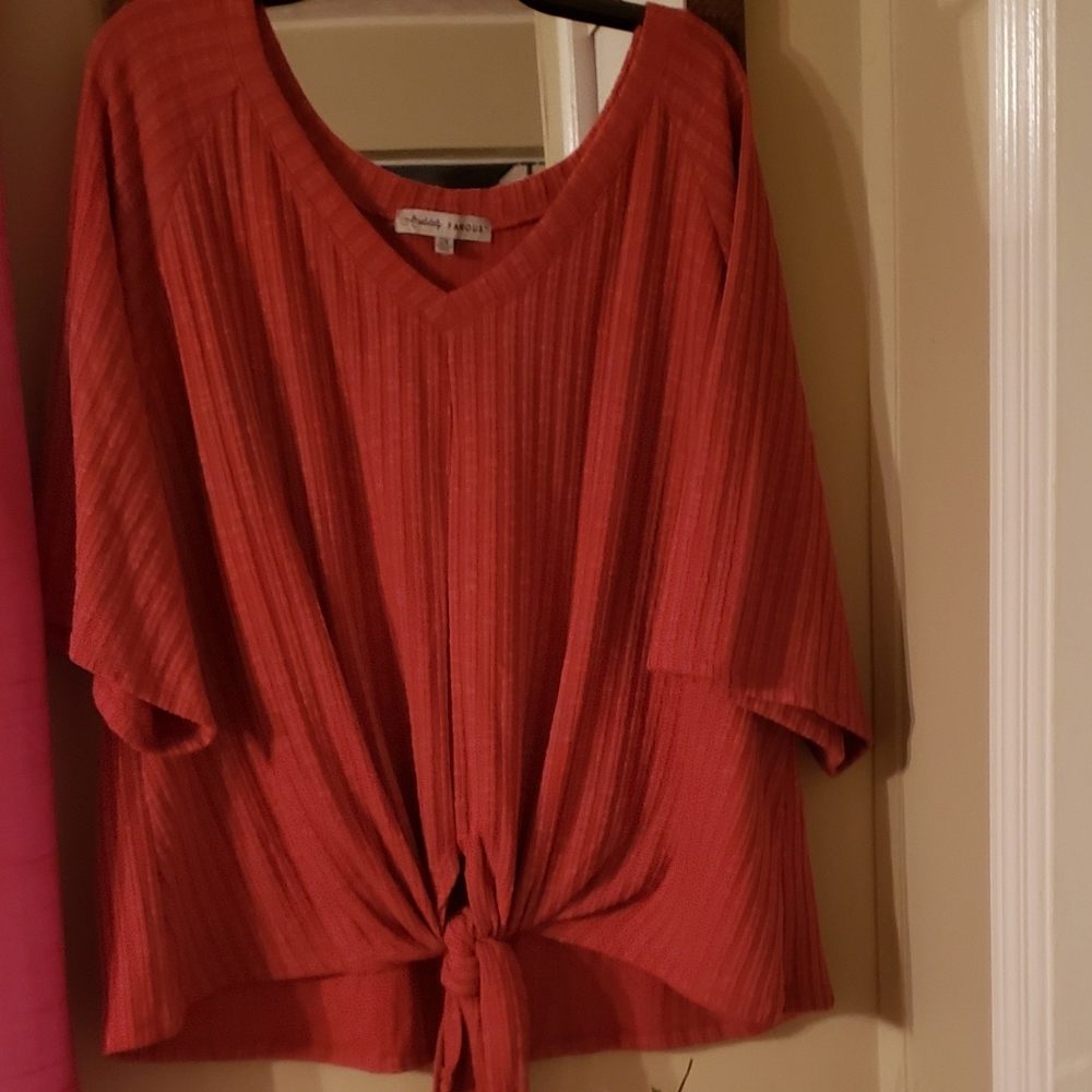 PLUS brick red front tie at waist v-neck top